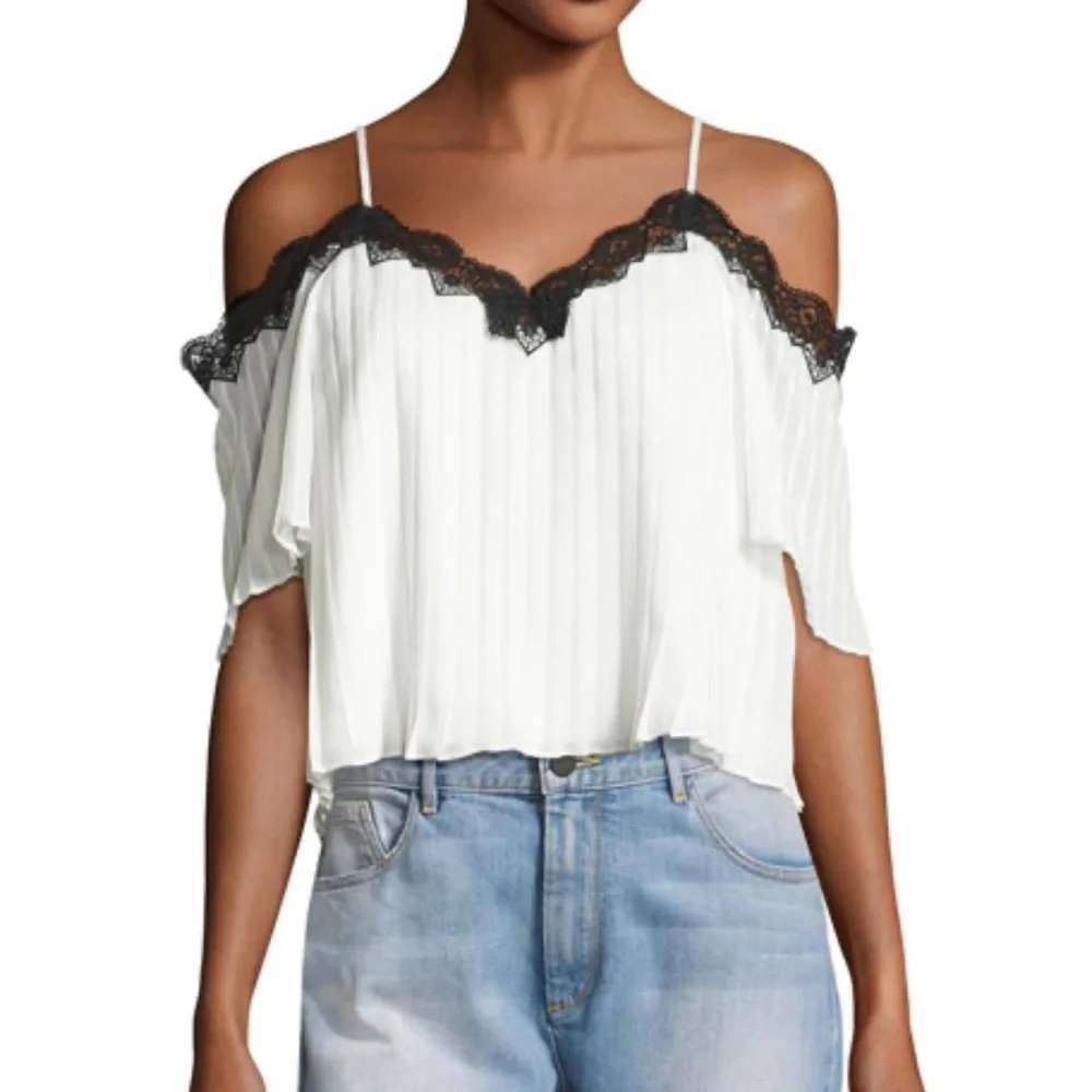 Alice + Olivia Fefe White Pleated Cold Shoulder Blouse with Black Lace Trim‎ - S